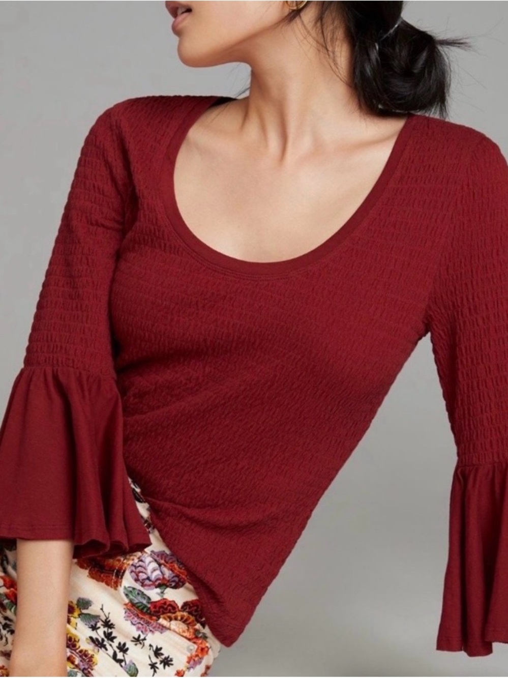 Anthropologie Wine Red Smocked Bell Sleeve Scoop Neck Top Size M
